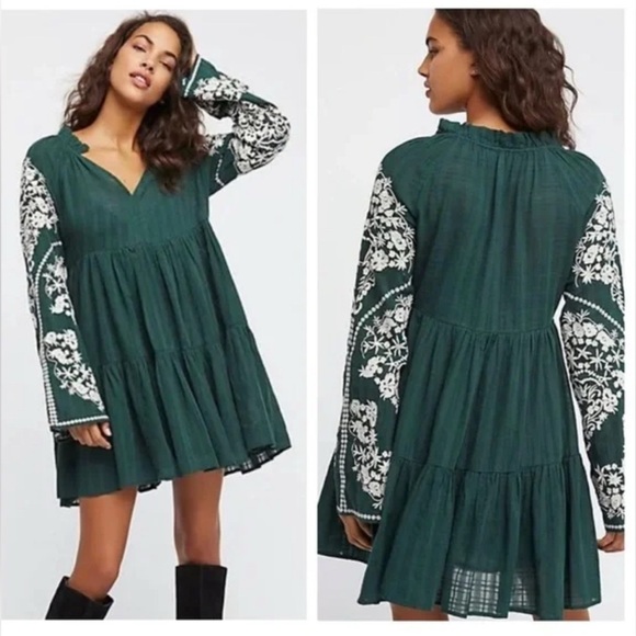 FREE PEOPLE Emerald City Embroidered Tiered long sleeve dress Sz Medium - Picture 1 of 8
